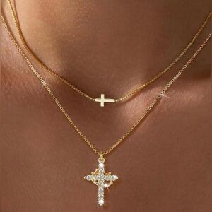 🍀🍀 Layered Cross Necklace | 14K Gold Plated Pendant | Dainty Gold Chain